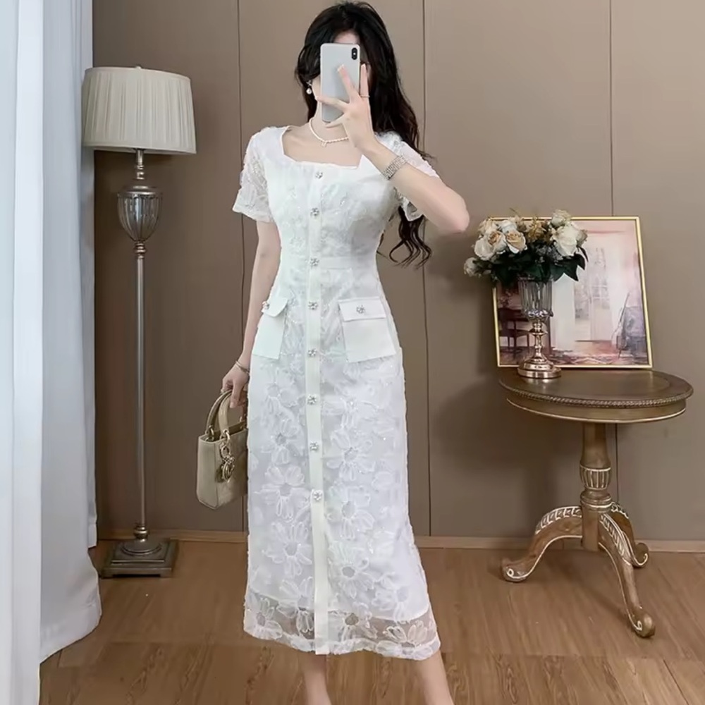 New ⚡️Elegant White Lace Sequin floral Embroidered Button-Down Dress